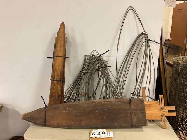 77 Wood and Metal Animal Hide Stretchers: 77 wood and metal animal hide stretchers. (2) 53"l x 5.75"w, (2) 41.25"l x 9"w, (20) 33"l x 4"w, (18) 22"l x 7"w, (2) 39"l x 12.5"w, (9) 30"l x 8.5"w, (24) 21"l x 6.75"w. From the collection of one fa
