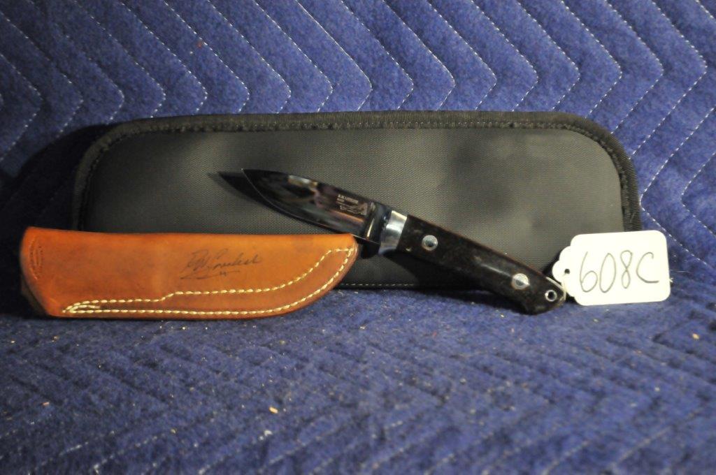 R.W. Loveless Drop Point Hunter Knife: R.W. Loveless Drop Point Hunter Knife. 3.625" blade length, 8.125" overall length. Serial No. 547. With sheath signed by R.W. Loveless. See photos for information.