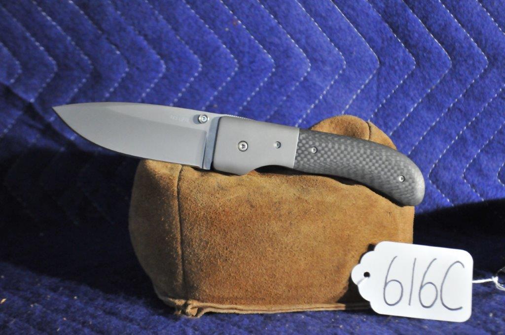 Mike Obenauf Liner Lock Folding Knife: Mike Obenauf Large Model 1 Liner Lock Folding Knife. 4" blade length, 9.25" overall length. Titanium and carbon fiber. See photos for information.