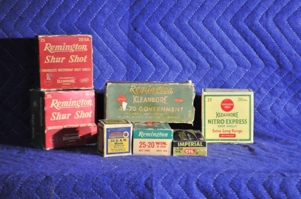 Assorted Antique Ammo: Assorted antique ammo. Imperial 25-20, full box. Remington antique 25-20, full box. Western 32 S&W blank, full box. Remington Kleanbore 45-70,full box fired brass. Remington Kleanbore (20 gauge) and S