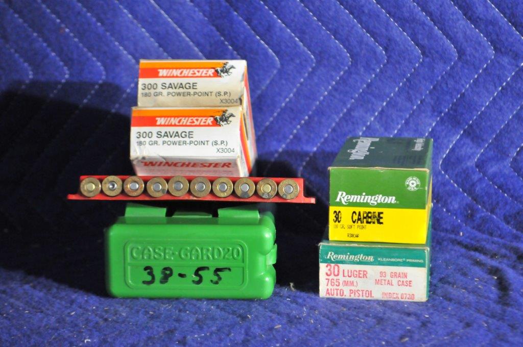 Assorted Rifle Ammo: Assorted rifle ammo. 15 rounds Remington UMC 38-55. 19 rounds 30-30 Winchester (mixed manufacturers). 29 rounds Winchester 300 Savage. 50 rounds Remington 30 Luger. 50 rounds Remington 30 Carbine.