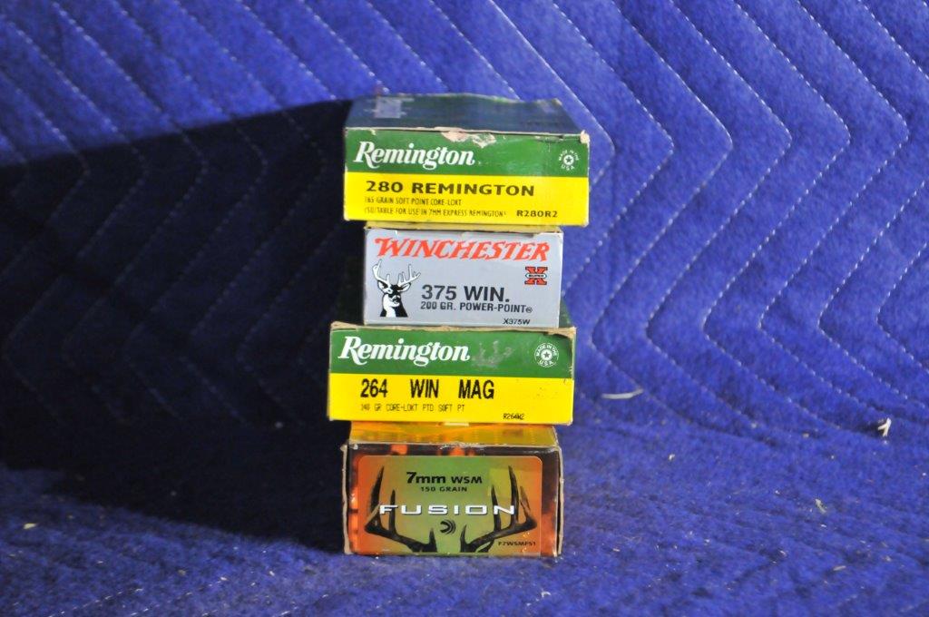 Assorted Rifle Cartridges: Assorted rifle cartridges. Federal Fusion 7mm WSM, full box. Remington 264 Winchester Magnum, full box, Winchester 375 Win, full box. Remington 280 Rem, 14 rounds.