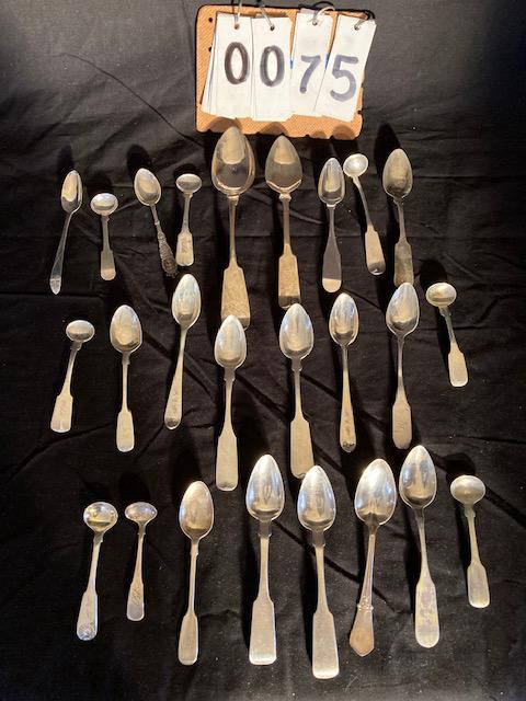 25 Coin Silver Flatware Pieces: 25 coin silver flatware pieces. See photos. (1) S. Boon, (2) F.H. Lockwood, (2) H.A. Coe, (1) Willard & Hawley 1851, (1) A.O. Dot, (1) T.S. Heath, (1) Hope, (1) Raymond, (2) E. Cook, (2) H. Bosworth, 