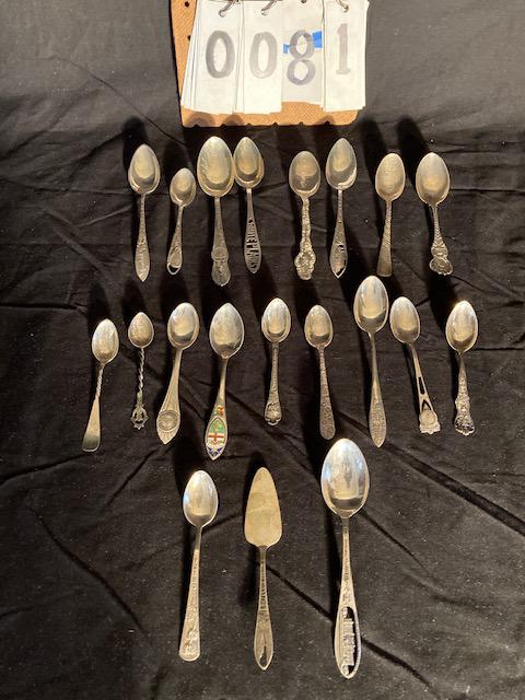 20 Sterling Silver Flatware Pieces: 20 sterling silver flatware pieces. Mostly souvenir spoons. See photos. (1) B.M. Co., (1) Pat. 1932 Alvin and (18) unknown. 9.28 troy oz. total weight. Please read the Terms and Conditions of this auc