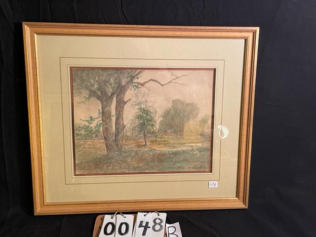L.G. Foster Watercolor: Landscape with trees and forest possibly a Fulton, NY artist Frame 20 5/8" w x 17 1/2" h and painting 12 7/8" w x 9 3/4" h