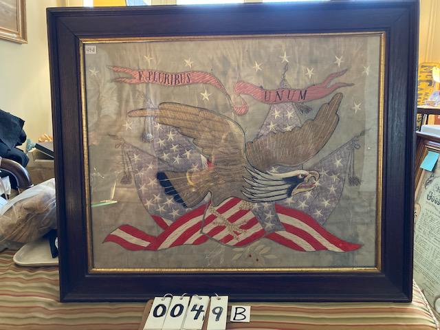 1890s Eagle Embroidery with Glass Eyes: E Pluribus Unum: 1890s Bald Eagle Embroidery with Glass Eyes States E Pluribus Unum. This work of art has a solid walnut and gold frame with stars and stripes and oriental paper on the back, this is very well done. Se