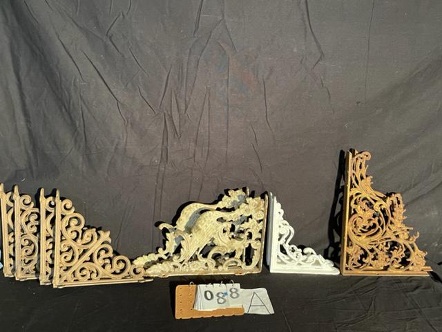 13 Piece Collection of Wall Ornaments and Brackets: 13 piece collection of antqiue and contemporary wall ornaments and brackets. One pair of 1890s matching bird brackets. 13.375"h x 9.375"w. One pair of fancy 1890s iron hummingbird wall brackets. 14"h 