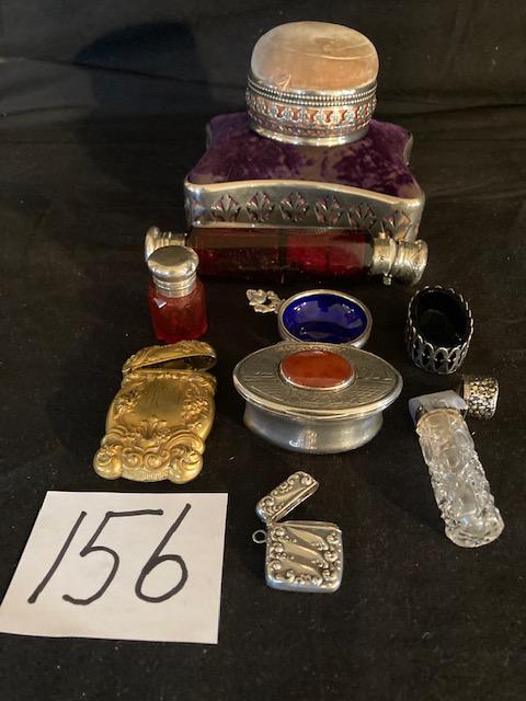 Nine Miscellaneous Sterling Silver Pieces: Nine excellent miscellaneous sterling silver pieces and one silver plated piece. One Gorham sterling silver large pin cushion. One Gorham sterling silver large pin cushion with four leaf clover border