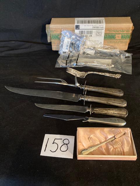 Eight Excellent Sterling Silver Pieces: Eight excellent sterling silver pieces. Three Patent 1924 sterling handled carving set with two serving knives and one fork. One sterling handled can opener/cheese knife. One sterling fancy serving fo