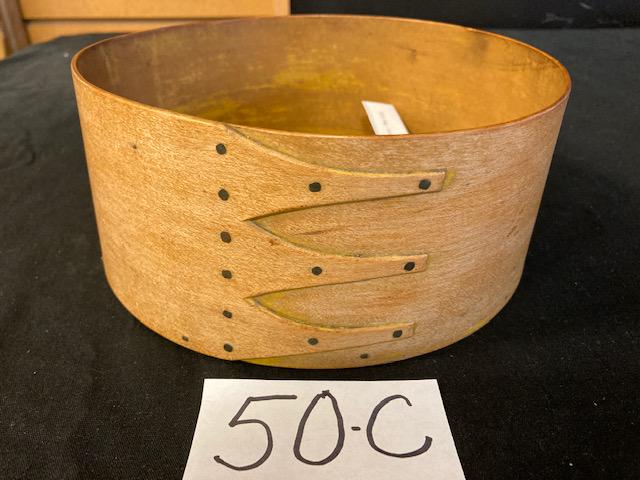 Three Finger Round Mt. Lebanon Shaker Pantry Box: Three finger round Mt. Lebanon shaker pantry box with no lid. Small 1.5 inch crack on the bottom side. 7.5" dia. x 3.25"h. Please read the Terms and Conditions of this auction thoroughly for IMPORTANT