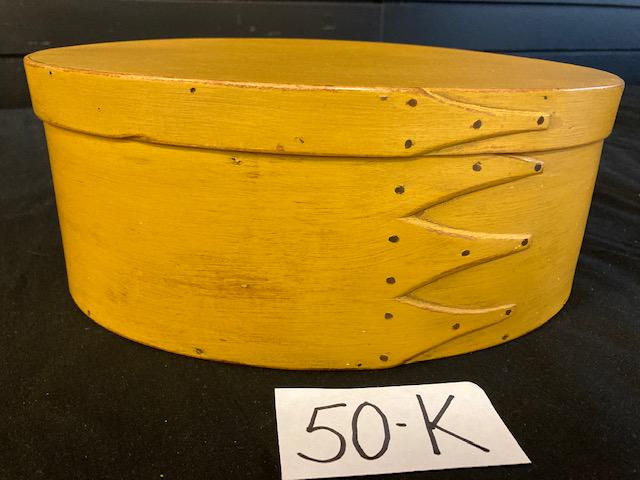 Four Finger Oval Mt. Lebanon Shaker Pantry Box: Four finger oval Mt. Lebanon shaker pantry box with lid. Mustard color paint. Small 1.75" piece missing on bottom of rim of the lid. 10"l x 7.25"w x 4"h with lid. Please read the Terms and Conditions 