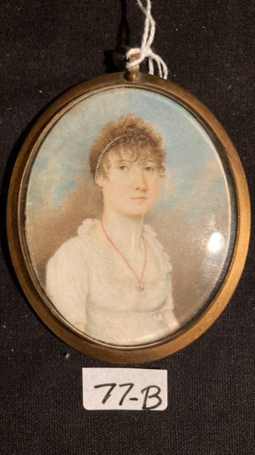 Unsigned Miniature Painting: 18th or 19th century miniature painting of a young lady wearing a necklace and pearl headband in her hair. Very expertly done. With a lock of hair and locket on the back of the portrait. See photos. I