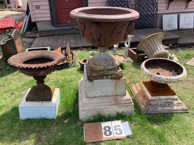 Three 1890s American Cast Iron Jardineers: Three 1890s American cast iron jardineers. One two-piece 21"w x 24"h in excellent condition. One five-piece 22"w x 39.5"h with four Jenny Lynde heads on small handle at top. One four-piece 21"w x 17.7