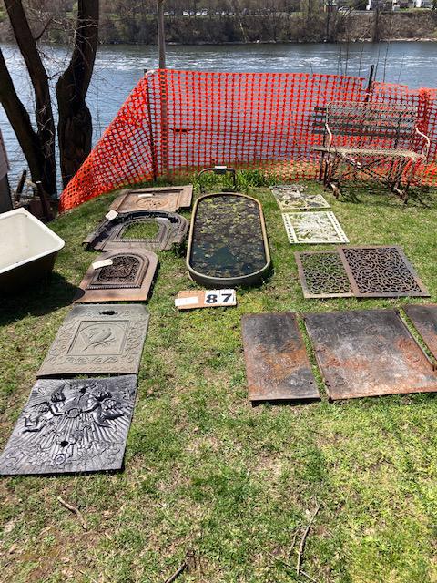 12 1890s Cast Iron American Fireplace Inserts and Grates: 12 1890s cast iron American fireplace inserts and floor grates. One Pied Piper fireplace insert. One parrot bird on tree branch fireplace insert. One two winged cherubs fireplace insert. One three pie