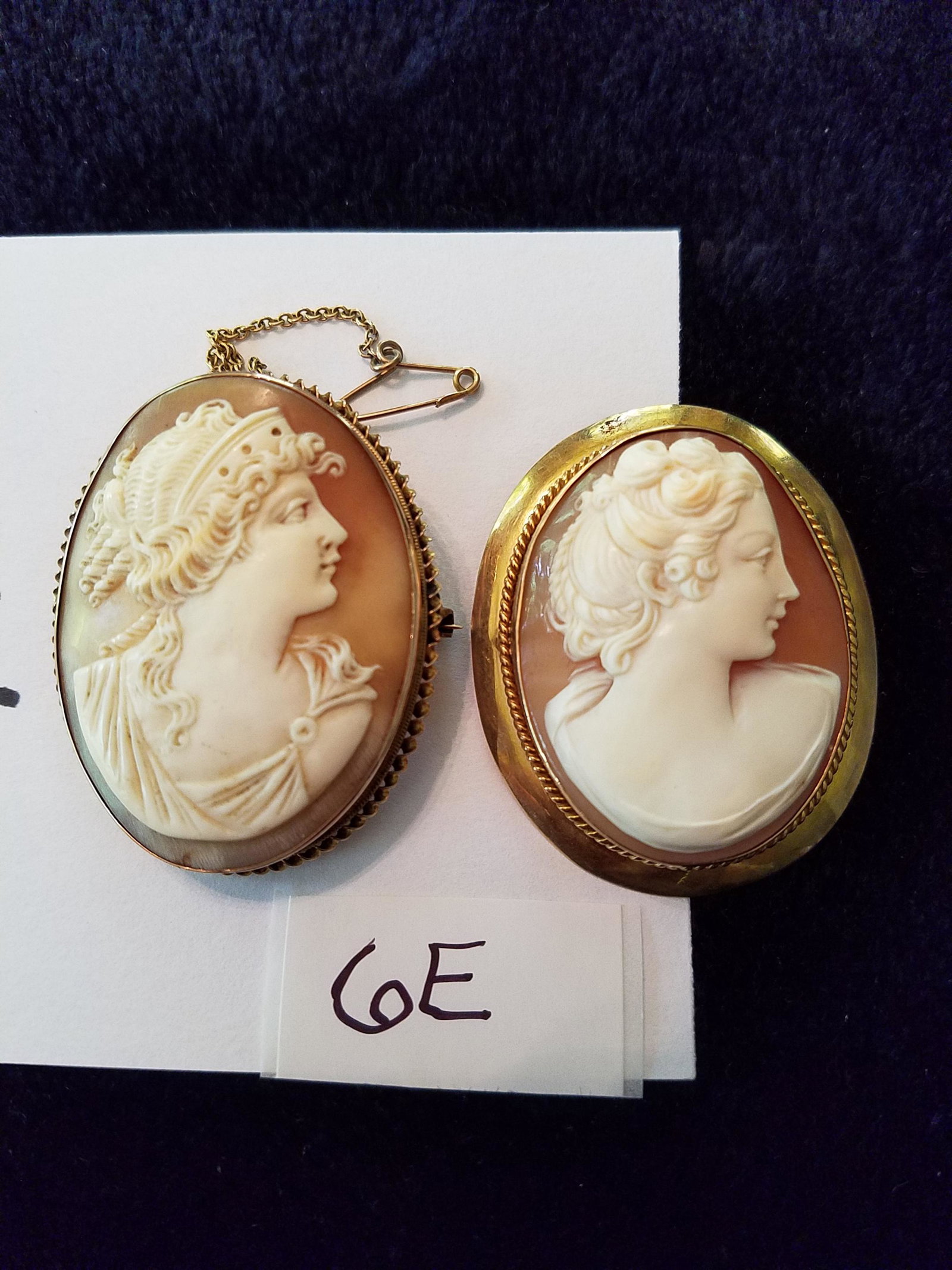 Two Antique Gold Cameo Pins/Pendants: Two antique gold cameo pins or pendants (can be used as either one). One 9K gold cameo. 7.0 dwt total weight including cameo. One 10K gold cameo. 7.9 dwt total weight including cameo. Please read the 
