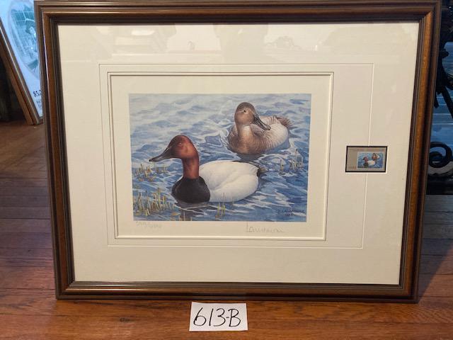 Four Wildlife Prints and Stamps: Four wildlife prints and stamps, all hand signed and numbered. One J.F. Lansdowne 1986, two ducks, no official name shown. No. 5919/10840. Frame is 19"w x 15.25"h. Print is 10.625"w x 8"h. One 1985 Ro