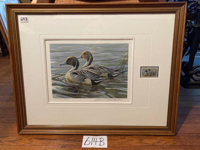 Three Canada Wildlife Conservation Prints and Stamps: Three Canada wildlife habitat conservation prints and stamps, all artist signed and numbered. One 1988 Robert Bateman, titled "Pintails in Spring". No. 5919/9651. Frame is 19"w x 15.125"h. Print is 10