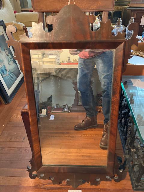 Five Antique Mirrors: Five antique mirrors. One American solid quartered oak beveled mirror. 19.125"w x 46.125"h. One American gesso and wood 19c mirror. 21"w x 24.25"h. One 1920s American mahogany Chippendale mirror. 20.2