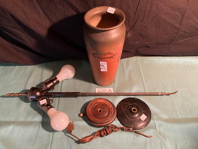 Rockwood Hand Decorated Vase Drilled into Lamp: Measuring 11 1/2" tall and 5" wide, Vase with HM & Rockwood mark drilled out for a lamp. We cannot see marks as a hole was drilled out and they are gone (see photo for accurate visual description) We