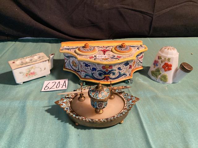 Lot of 4 Nice Inkwells: 1-Chamleve & marble beautiful inkwell with mother of pearl and gold filled tip pen, blown glass is chipped 6" w x 3 5/8" d x 2 7/8" h 1- Signed Triple oriental triple pen hand painted floral 3 7/8" w 