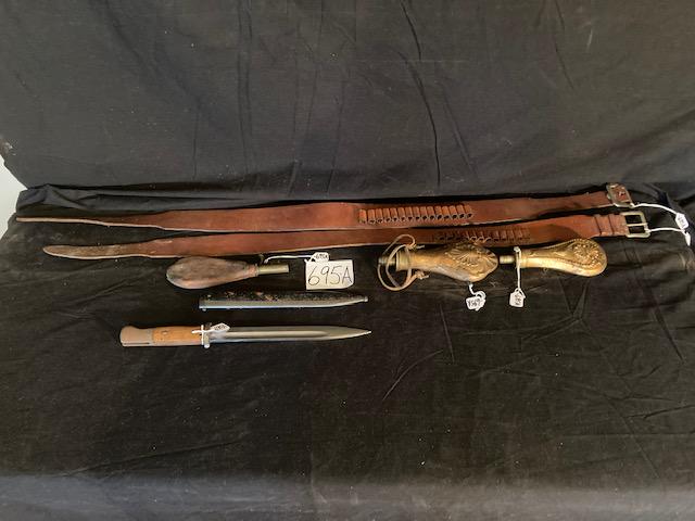 Six Miscellaneous Sportsmans Items: Six miscellaneous sportsmans items. One German World War II bayonet scaber 16 inch knife with no name. Two brass 19th century powder horns. Pheasant is 7" x 3.25". Fleur-de-lis is 8" x 4". One leather
