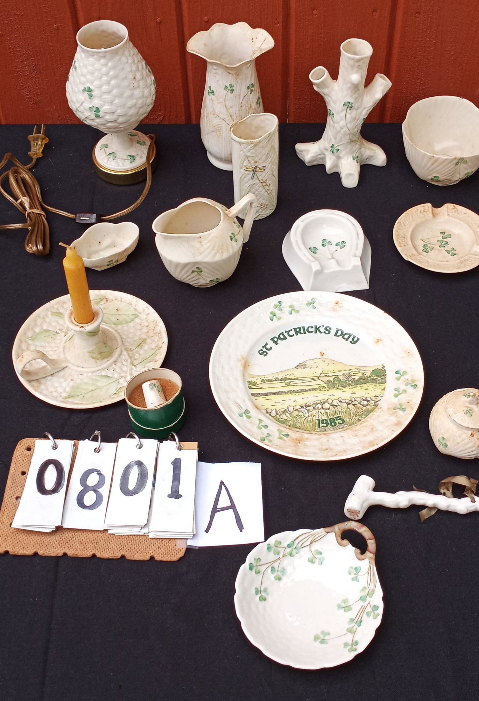 15 Miscellaneous Pieces of Belleek: 15 miscellaneous pieces of Belleek. One night light, one thimble, four vases, one pipe rest, one ash tray, one mustard pot (no spoon), one small dish, one creamer, one master salt, one small dish, one