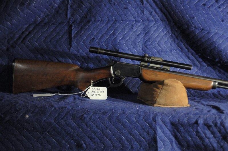 Marlin 39A lever rifle: 22LR, serial number M971. Home made scope mount, Weaver G6 scope. Very good near excellent condition