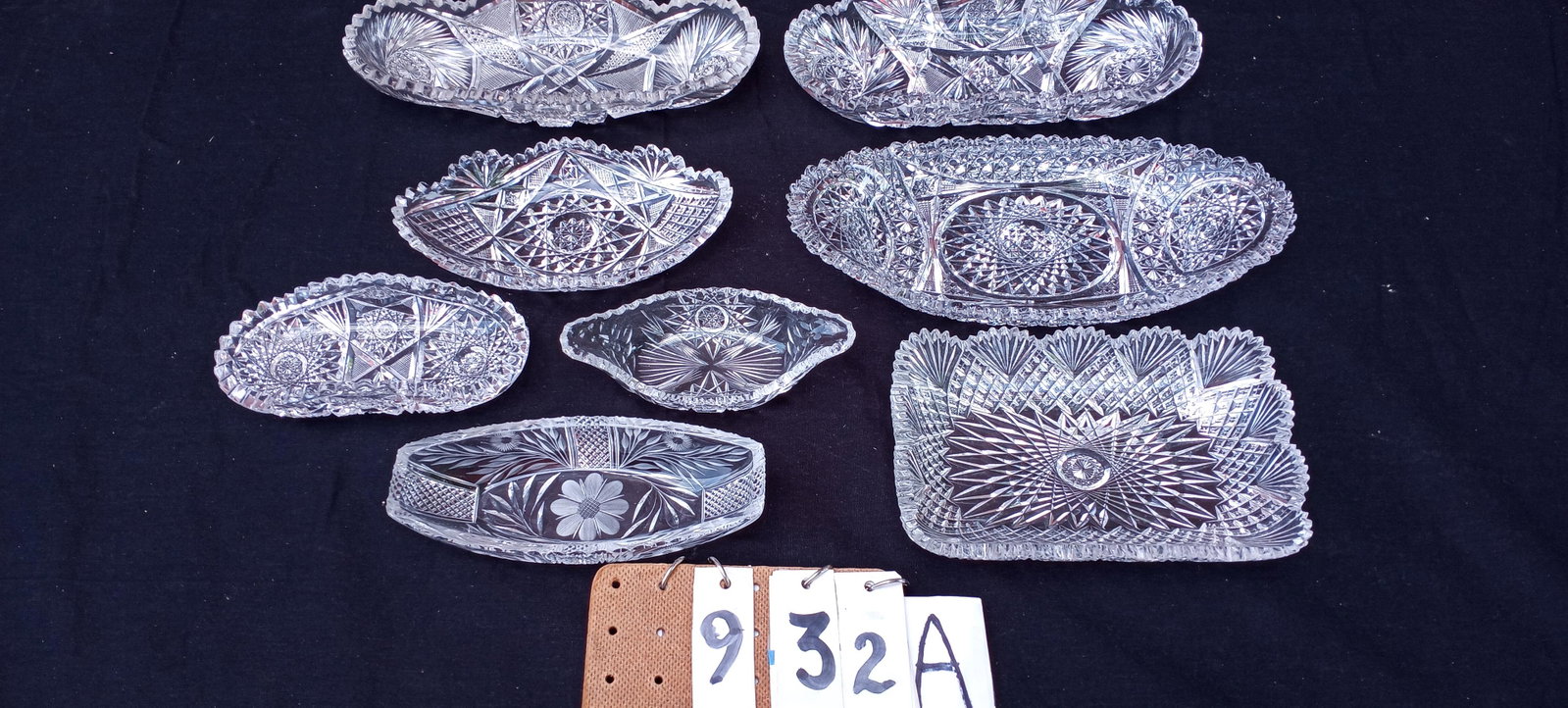 Eight Cut Glass Celery Dishes: Eight cut glass celery dishes from the 1890s. One signed Clark. Sizes vary. Please read the Terms and Conditions of this auction thoroughly for IMPORTANT bidder information.