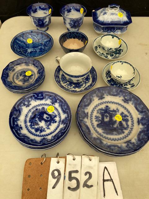 45 Pieces of Early Flow Blue Tiles and Majolica: 45 pieces of early flow blue tiles and majolica. 12 Oregon Meyer flow blue set. One piece with flow blue horse. 10 miscellaneous flow blue pieces. One cut glass and porcelain flower vase. Nine cluster