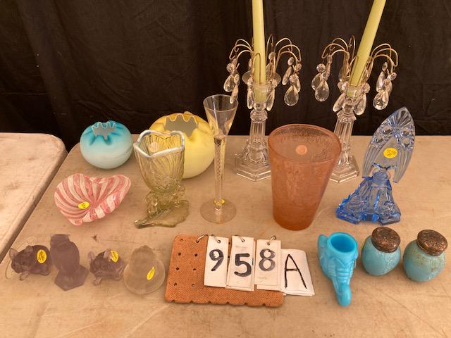 16 Art Glass Pieces: 16 art glass pieces. One hand etched blue deco perfume bottle. Two figural frosted glass bulldogs. One figural floss frosted glass owl. One 19th century blue glass elephant toothpick holder. Two art g