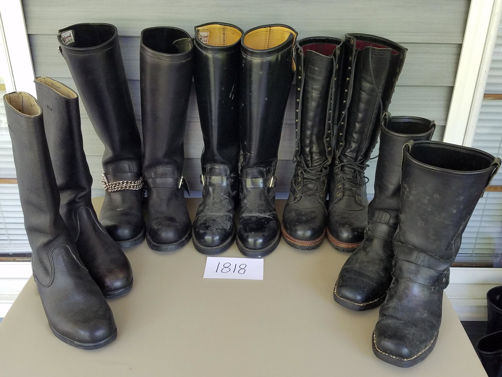 Five Pairs of Leather Boots: Five pairs of leather boots. One pair of Chippewa, size 10D. One Pair of Chippewa, size 9.5D. One Pair of Chippewa, size 9.5D. One pair Made in Germany, size 27.5. One pair, size 9D. Please read the T