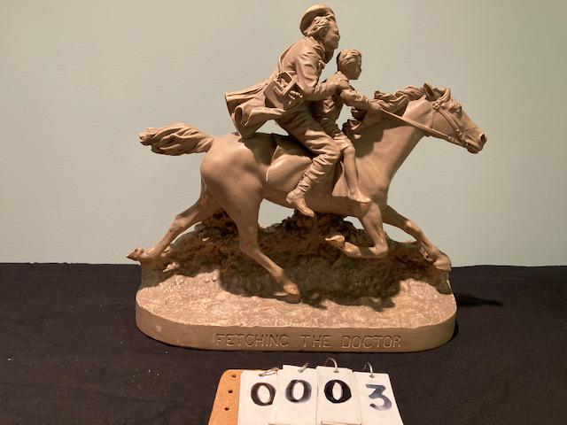 Signed John Rogers "Fetching the Doctor" Statue: Signed John Rogers, NY 1881 "Fetching the Doctor" statue in original paint. Dated on back Pat. Dec. 1, 1876. Some paint loss. 18"w x 7"d x 16"h. From the Hinkle Estate of Truxton, NY. Please read the
