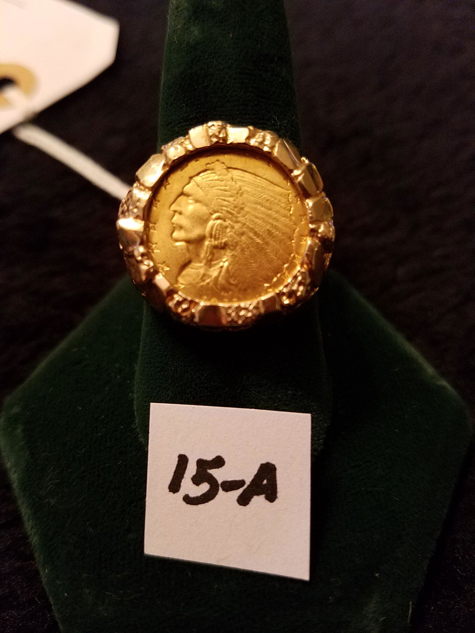 Mens 14K Gold Ring with 1911 $2.50 Indian Head Coin: Excellent estate mens 14K gold ring with 1911 $2.50 Indian Head coin. See photos. Size approx. 9.5. Total weight is 10.2 dwt (ring with coin). Please read the Terms and Conditions of this auction thor