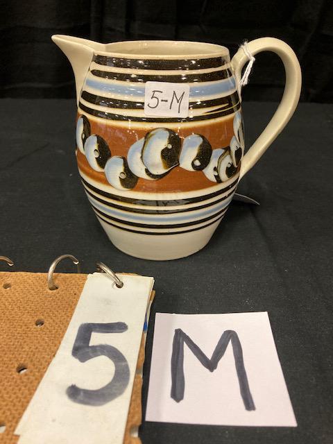 Unusual Cat's Eye/Earthworm Mocha China Pitcher: Unusual Cat's Eye/Earthworm Mocha China Pitcher. 5"h. Condition: Professional spout and handle repairs. Spatterware and Mocha China cataloged by Jeff Dehart of Conestoga Auction Company, Manheim, Pa.