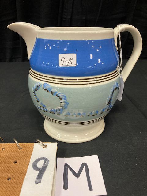 Looping Earthworm Mocha China Pitcher: Looping Earthworm Mocha China Pitcher. 7-1/4"h. Condition: Very Good. Spatterware and Mocha China cataloged by Jeff Dehart of Conestoga Auction Company, Manheim, Pa. From the Hinkle Estate of Truxton,