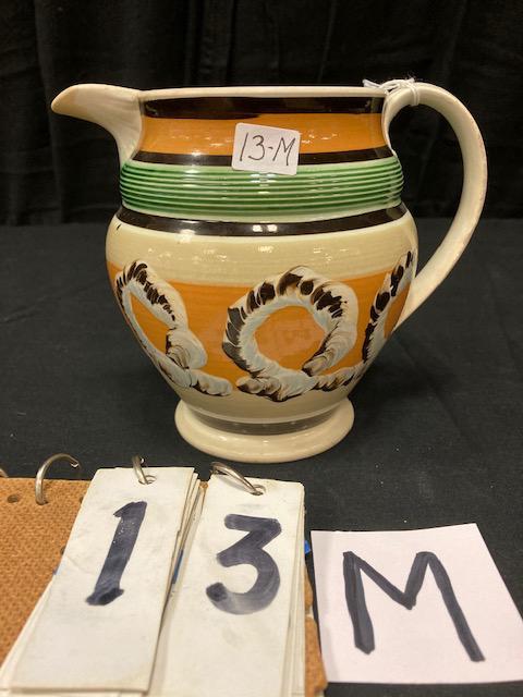 Looping Earthworm Mocha China Pitcher: Looping Earthworm Mocha China Pitcher. 6"h. Condition: Professionally repaired. Spatterware and Mocha China cataloged by Jeff Dehart of Conestoga Auction Company, Manheim, Pa. From the Hinkle Estate o