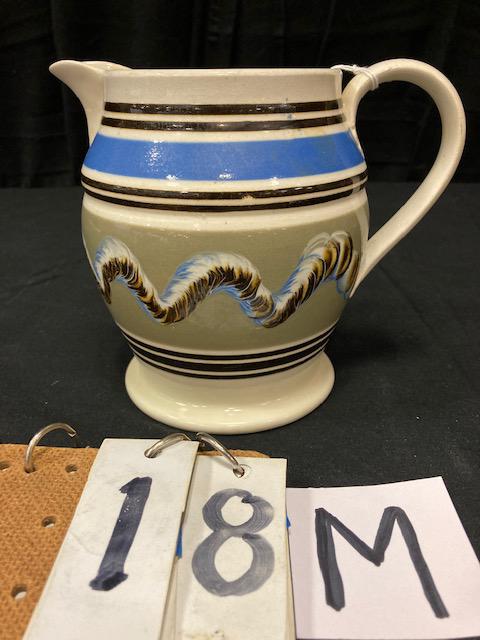 Earthworm Mocha China Pitcher: Earthworm Mocha China Pitcher. 6"h. Condition: Professionally repaired. Spatterware and Mocha China cataloged by Jeff Dehart of Conestoga Auction Company, Manheim, Pa. From the Hinkle Estate of Truxto