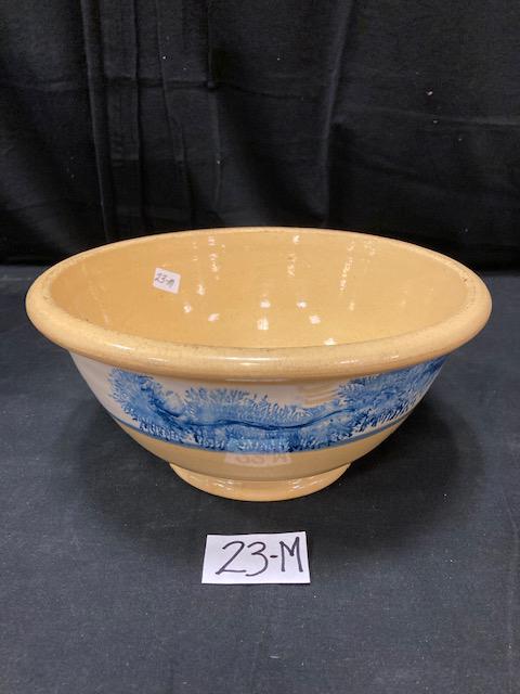 Blue Seaweed Mocha Yellowware Mixing Bowl: Blue Seaweed Mocha Decorated Yellowware Mixing Bowl. 5-1/4"h. x 11" diam. Condition: Good with one small hairline. Spatterware and Mocha China cataloged by Jeff Dehart of Conestoga Auction Company, Ma