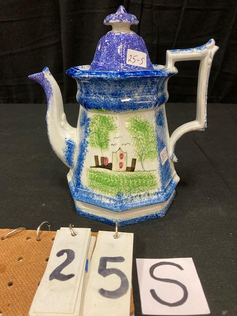 Blue Spatter China Fort Pattern Coffee Pot: Blue Spatter China Fort Pattern Coffee Pot. 9-1/4"h. Condition: Good with a repaired spout. Spatterware and Mocha China cataloged by Jeff Dehart of Conestoga Auction Company, Manheim, Pa. From the Hin