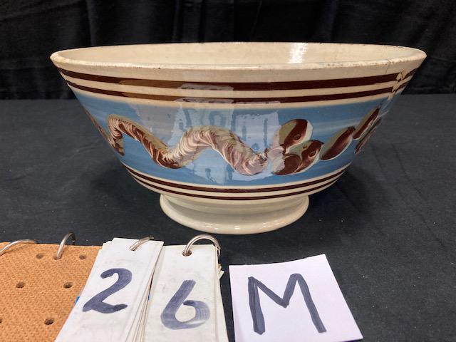 Earthworm Mocha China Mixing Bowl: Earthworm Mocha China Mixing Bowl. 5-1/8"h. x 10-1/2" diam. Condition: Repair on edge and small line. Spatterware and Mocha China cataloged by Jeff Dehart of Conestoga Auction Company, Manheim, Pa. Fr