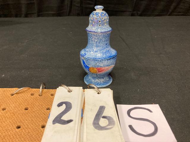 Blue Spatter China Peafowl Pattern Pepper Pot: Blue Spatter China Peafowl Pattern Pepper Pot. 4-3/4"h. Condition: Good with repairs. Spatterware and Mocha China cataloged by Jeff Dehart of Conestoga Auction Company, Manheim, Pa. From the Hinkle Es