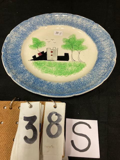 Blue Spatter Ironstone China Fort Pattern Plate: Blue Spatter Ironstone China Fort Pattern Plate. 9-3/4" diam. Condition: Good. Spatterware and Mocha China cataloged by Jeff Dehart of Conestoga Auction Company, Manheim, Pa. From the Hinkle Estate of