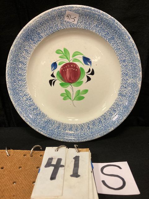 Blue Spatter Ironstone China Pomegranate Pattern Plate: Blue Spatter Ironstone China Pomegranate Pattern Plate. 9-1/2" diam. Condition: Very good. Spatterware and Mocha China cataloged by Jeff Dehart of Conestoga Auction Company, Manheim, Pa. From the Hink