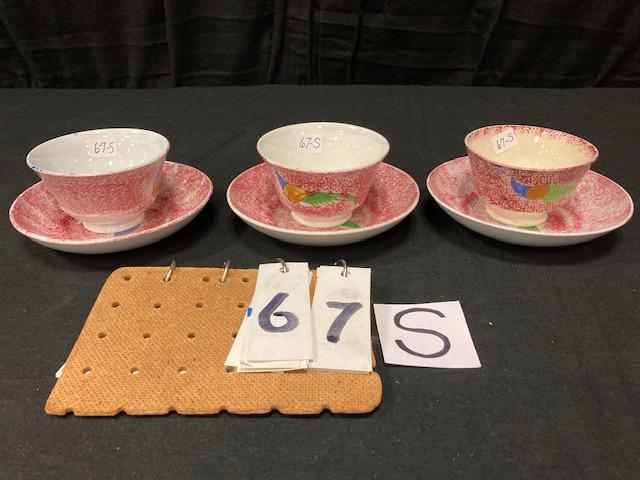 Three Spatter China Peafowl Pattern Cups and Saucers: Three Spatter China Peafowl Pattern Cups and Saucers. Saucers 5-3/4" to 6" diam. Condition: Very good. Spatterware and Mocha China cataloged by Jeff Dehart of Conestoga Auction Company, Manheim, Pa. F