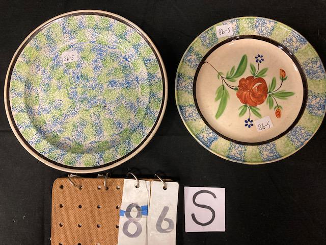 Two Spatter Creamware China Plates: Two Spatter Creamware China Plates. Green and blue rainbow spatter rose pattern 8" plate and green and blue mottled spatter 9" plate. Condition: Good, no damage or repair. Spatterware and Mocha China