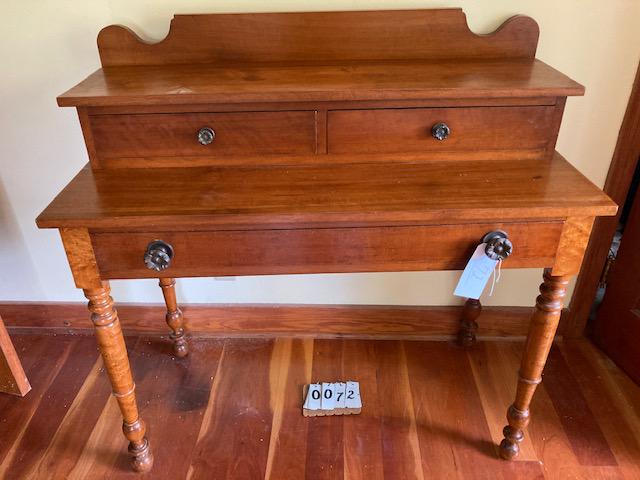 1830s American Cherry Country Sheraton Stand: Excellent 1830s American country sheraton stand. Solid cherry with solids birdseye maple legs and hand dovetailed drawers. Expertly refinished. 42"w x 20"d x 41"h (back) and 30.5"h (front).