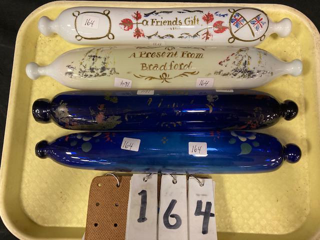Four 19c Hand Blown Rolling Pins: Four 19th century hand blown rolling pins in excellent condition. One 19c milk glass rolling pin, "A Friend's Gift". 14"l x 2.25" dia. One 19c milk glass rolling pin, "A Present from Bradford". 15"l x