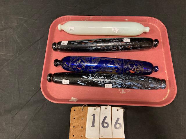 Four 19c Hand Blown Rolling Pins: Four 19th century hand blown rolling pins in excellent condition. One milk glass rolling pin. 14"l x 2" dia. One exceptional 19c blue blown glass rolling pin possibly with a sterling overlay and three