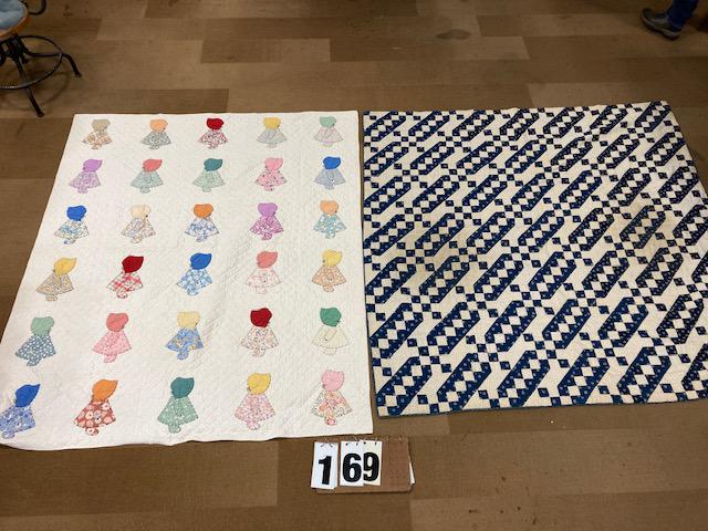 Two Hand Sewn Antique Quilts - UPDATED INFO: Two hand sewn antique quilts. One quilt measuring 76"l x 63"w. One blue and white floral quilt measuring 74"l x 72"w. Minor staining. From the Hinkle Estate of Truxton, NY. Please read the Terms and C