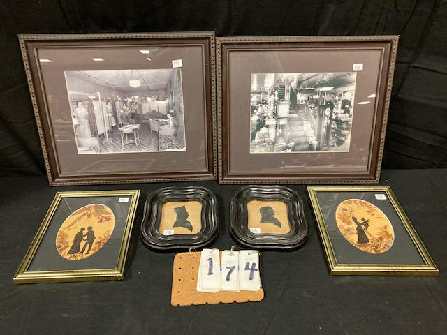 Six Antique Photos and Silhouettes: Six antique photos and silhouettes. Two original 1900s photos, one of a department store from the 1920s (American), and one of a beauty parlor from the 1930s. Frames are 16.375"w x 14.375"h and photos